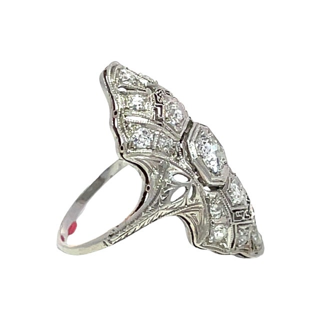 Antique Art Deco Platinum Diamond Filigree Cocktail Ring, Size 5 For Sale - Image 4 of 8