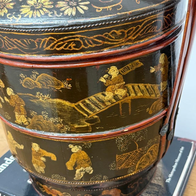 Black & Red Stacked Handpainted Wooden Basket with Handle For Sale - Image 4 of 18