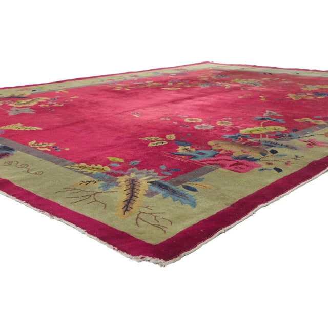 Antique Chinese Art Deco Rug, 09'00 x 11'09. This hand knotted wool antique Chinese Art Deco rug features a color-blocked...