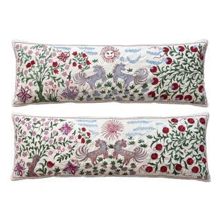 White Horse Suzani Lumbar Pillow Cover 18'' X 52'' - Set of Two For Sale