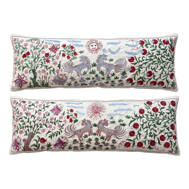 White Horse Suzani Lumbar Pillow Cover 18'' X 52'' - Set of Two For Sale