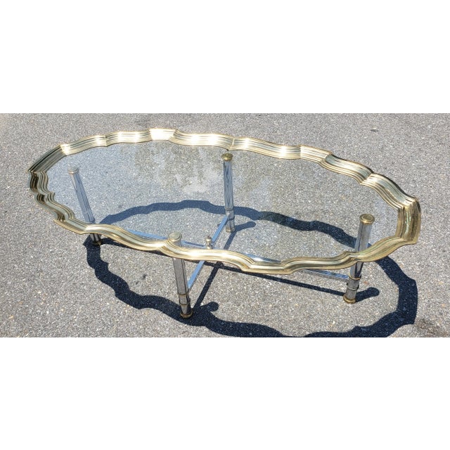 Scalloped Brass and Polished Steel Chrome Glass Top Cocktail Coffee Table For Sale - Image 4 of 9