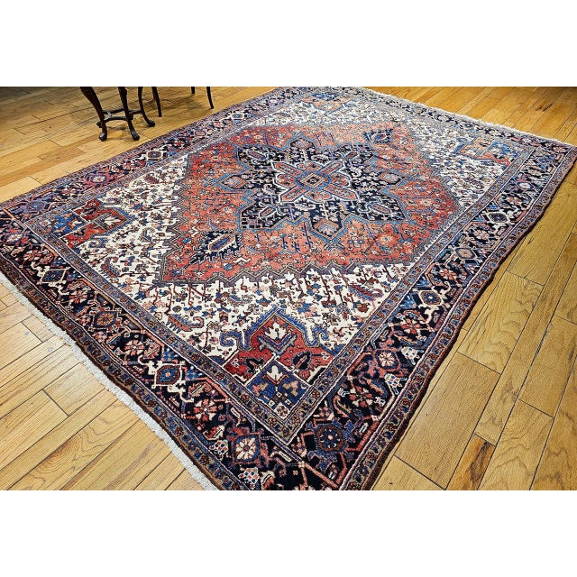 Vintage Persian Heriz Rug, Hand-Knotted Wool, Geometric Medallion Pattern, Brick-Red & Navy, 8x11 For Sale - Image 11 of 12