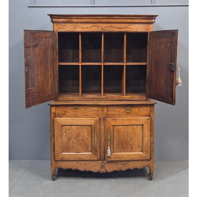 Farmhouse Antique French Elm Deux Corps Buffet Cabinet With Inlay and Fitted Interior For Sale - Image 3 of 18