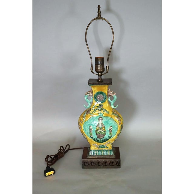 Vintage Chinese Famille Jaune Porcelain Guanyin Table Lamp With Dragon Handles, C. 1900 For Sale - Image 14 of 16