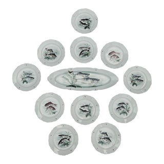 Limoges Fish Motif Dinnerware Set of 11 Plates Plus Oval Platter by Porceleaines De Couleuvre For Sale