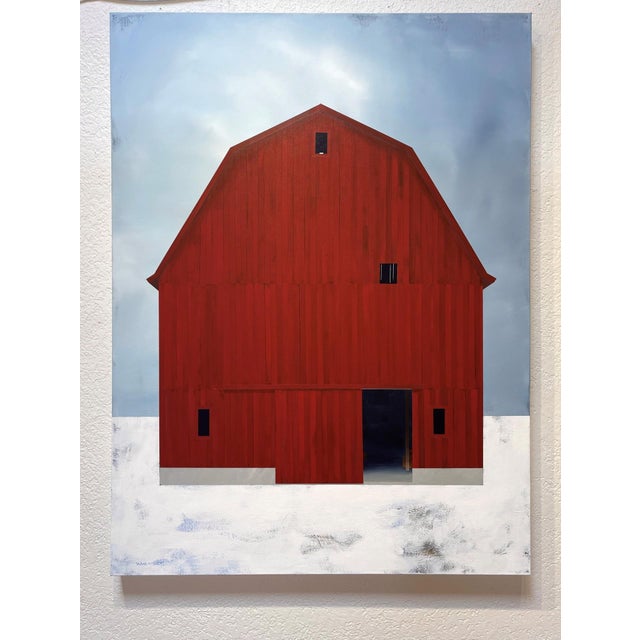 "Midwinter" is an acrylic on canvas landscape painting by Justin Wheatley, completed in 2024. A deep red barn stands...