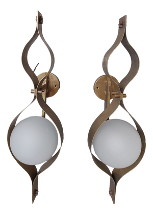 Pavone Wall Lamps in Polished Brass with Etched and Sandblasted Glass Diffusers by Gio Ponti for Arredoluce, 1960s, Set of 2