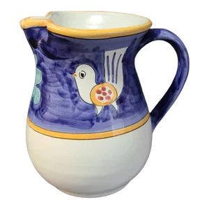 Late 20th Century Vintage Italian Hand Painted With Bird & Leaf Motif Terracotta Pitcher Jug Vase\