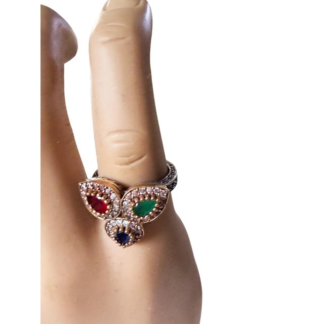 Mid-Century Modern Vintage Natural Ruby, Emerald, Sapphire & Diamond Ring - 925 Sterling Silver Size 8 For Sale - Image 3 of 9