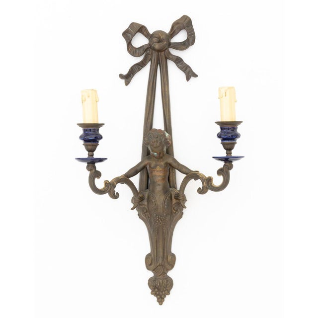 Patinated Brass Cherub Candlestick Sconces, Pair For Sale - Image 10 of 13
