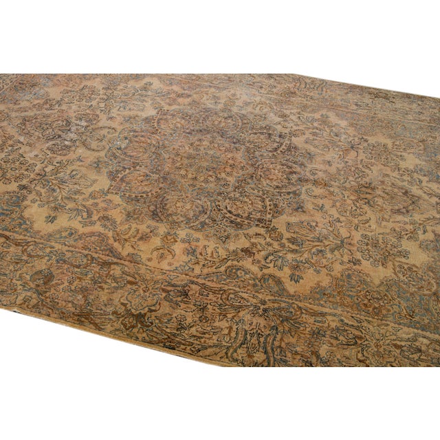 Antique Kerman Handmade Medallion Tan Wool Rug 7 X 10 For Sale In New York - Image 6 of 10