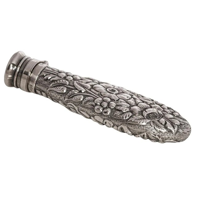 Victorian Antique Sterling Silver Perfume Scent Engraved Repousse Bottle Flask London 1873 For Sale - Image 3 of 11