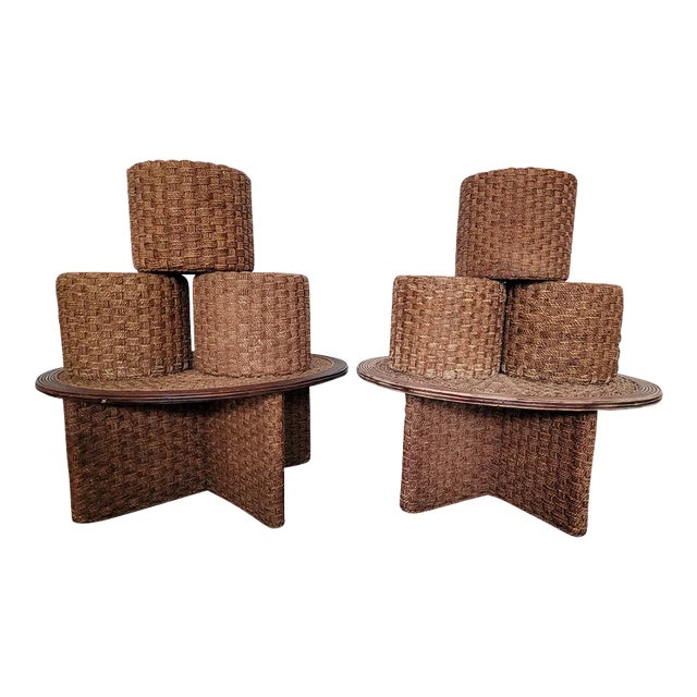 Poufs and 2 Round String Tables and Rattins, Set of 6 For Sale