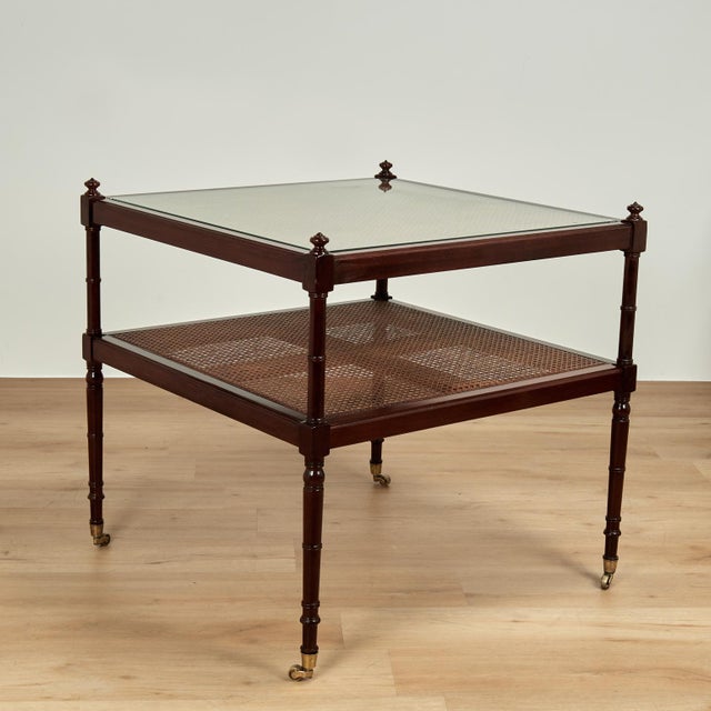 English Pair of Vintage British Colonial Two Tiered Caned Tables or Stands by Baker For Sale - Image 3 of 12