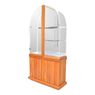 American Arch Shape Lucite, Mirror & Oak Wood Vitrine, Showcase, Display Cabinet For Sale