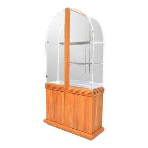 American Arch Shape Lucite, Mirror & Oak Wood Vitrine, Showcase, Display Cabinet