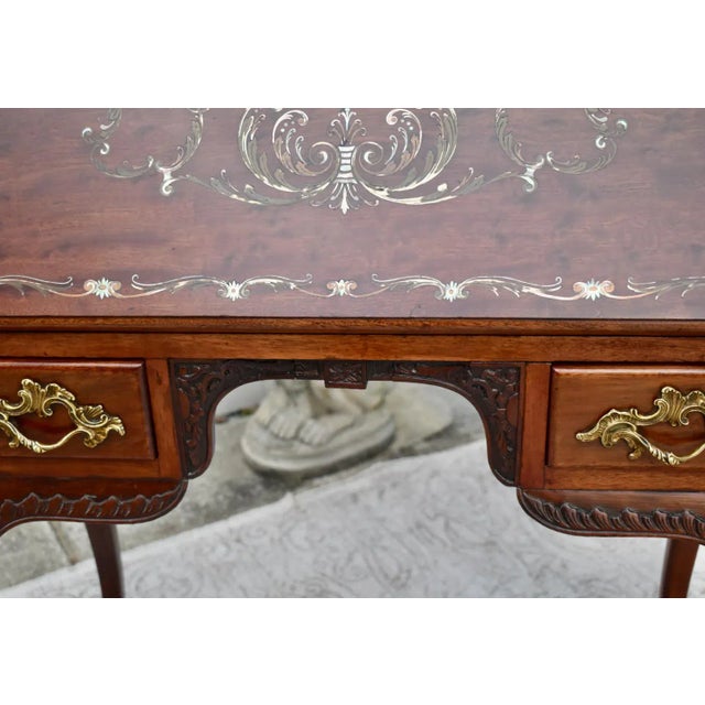Antique Carved & Inlaid Mahogany French Style Slant Front Desk W/Brass Gallery For Sale - Image 4 of 12