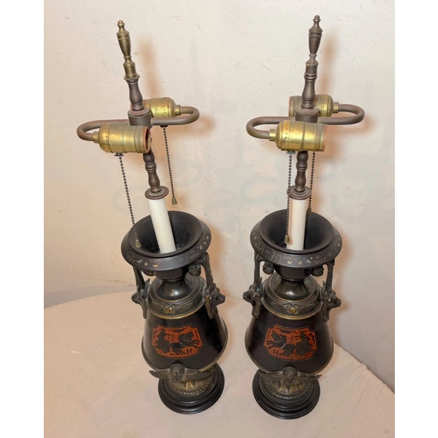 Antique Egyptian Revival Figural Bronze Marble Urn Ewer Table Lamps - a Pair For Sale - Image 12 of 18