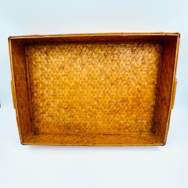 Vintage Chinese Bamboo Serving Tray Woven Split Rattan For Sale - Image 4 of 10