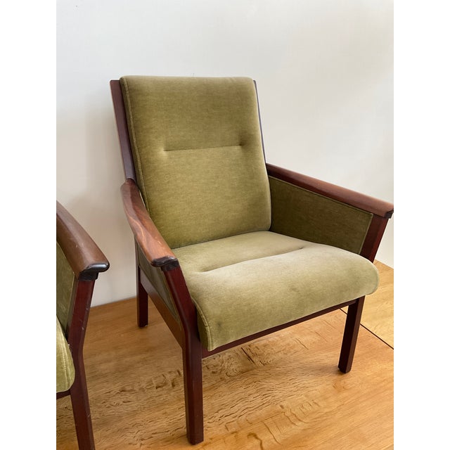 Green Mid 20th Century Pair of High Back Danish Modern Oak & Moss Green Mohair Lounge Chairs Attributed to Durup For Sale - Image 8 of 18