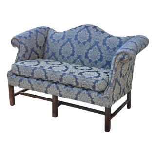 Mid-20th Century Blue Damask Camelback Settee Loveseat Petite Sofa Rolled Arms Nailhead Trim For Sale
