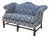 Mid-20th Century Blue Damask Camelback Settee Loveseat Petite Sofa Rolled Arms Nailhead Trim For Sale