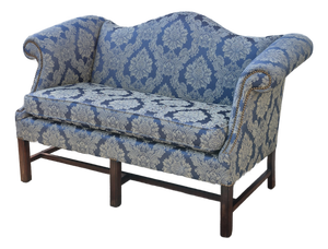 Mid-20th Century Blue Damask Camelback Settee Loveseat Petite Sofa Rolled Arms Nailhead Trim
