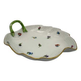 Vintage Hand-Painted Mille Fleurs Porcelain Leaf Bowl with Branch Handle from Herend, 1970s For Sale