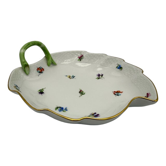 Vintage Hand-Painted Mille Fleurs Porcelain Leaf Bowl with Branch Handle from Herend, 1970s For Sale