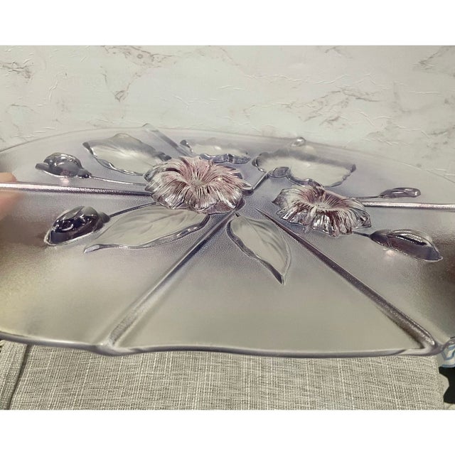 Glass Vintage Mikasa Walther Glass Oval Platter – Raised Floral & Leaf Design – Pink and Blue - Serving Tray or Centerpiece For Sale - Image 7 of 8