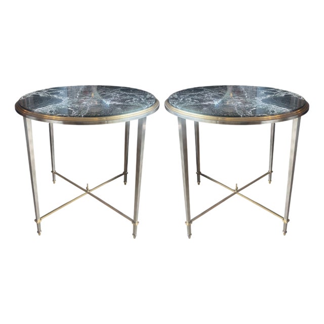 Pair of Mid 20th Century Attributed to Maison Jansen Round Side Tables With Marble Tops For Sale