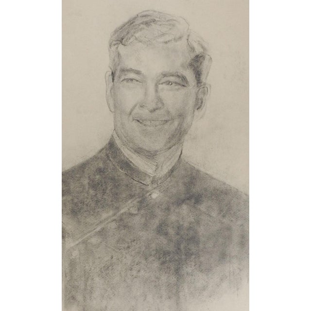 Vintage circa 1950's charcoal on paper portrait drawing of handsome man in uniform. Unsigned. Unframed, age toning, edge...