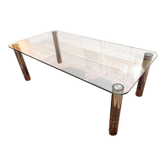 1980s Postmodern Glass Dining Table, Chrome-Plated Legs, Seats 6 For Sale