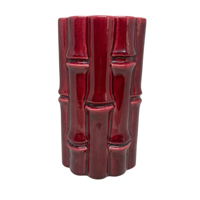 1950’s Red Wing Usa Burgundy Bamboo Ceramic 7.5” Tall Vase #400 Light Grey Interior For Sale - Image 12 of 12