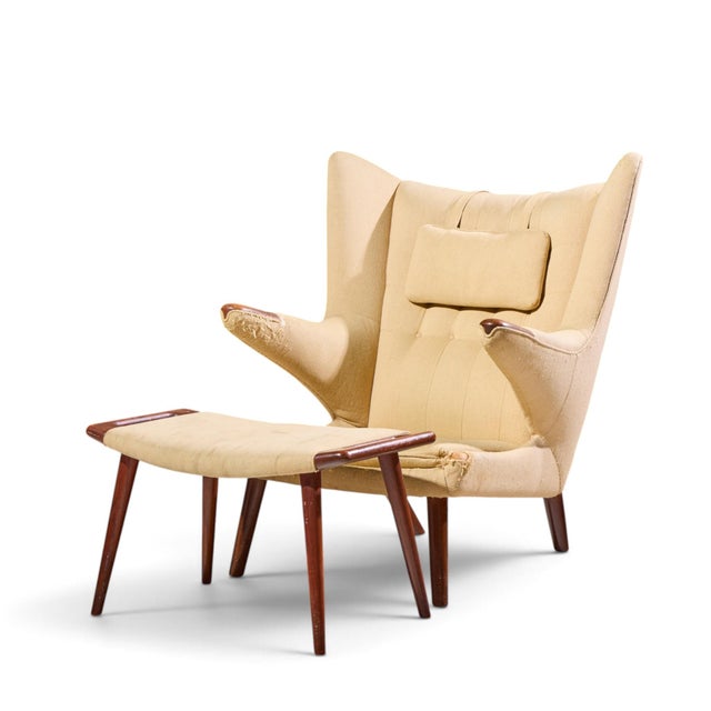 Hans Wegner for Ap Stolen Ap19 Mid Century Papa Bear Chair and Ottoman - Pair For Sale In Chicago - Image 6 of 16