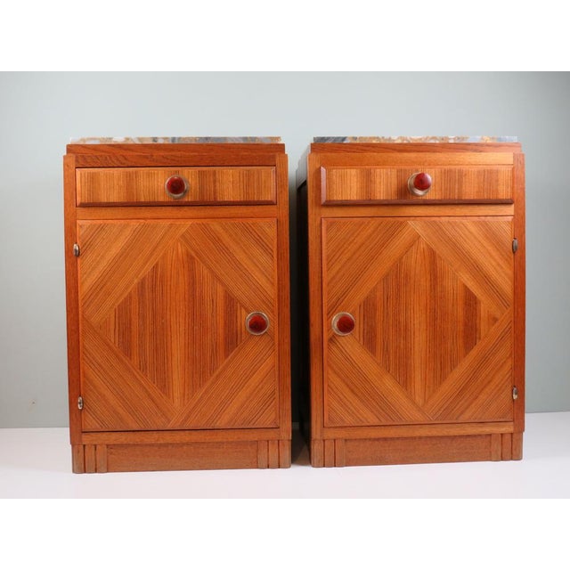 French Art Deco Oak Bedside Cabinets with Inset Marble Tops, 1930s, Set of 2 For Sale - Image 12 of 12