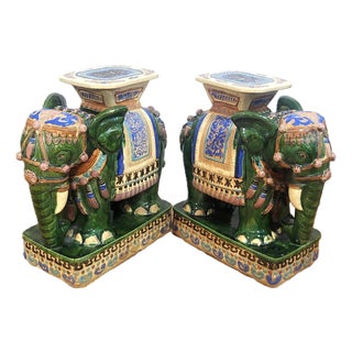 Pair Vintage Chinese Asian Glazed Terracotta Elephant Garden Stool Table Benches For Sale