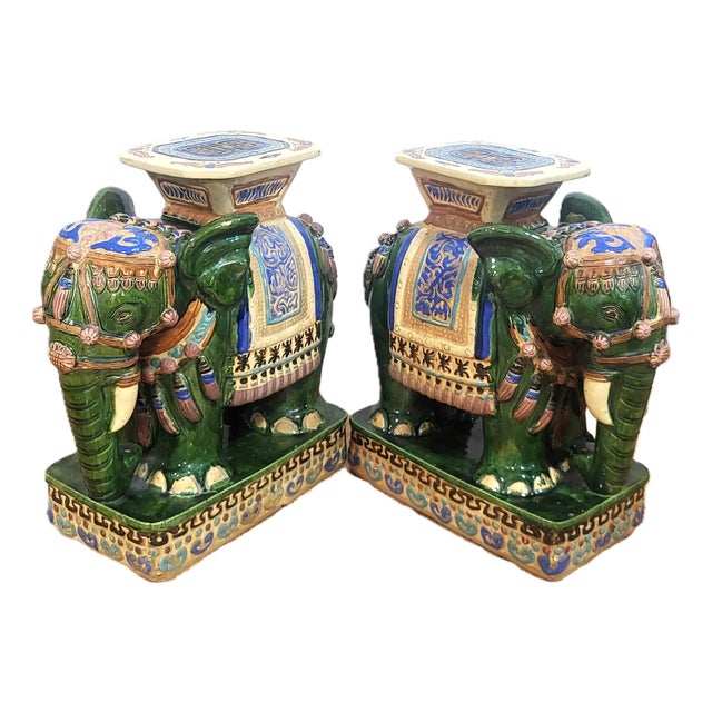 Pair Vintage Chinese Asian Glazed Terracotta Elephant Garden Stool Table Benches For Sale