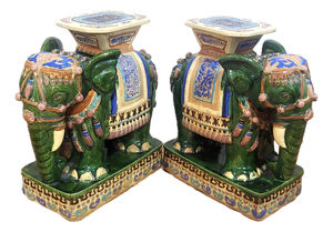 Pair Vintage Chinese Asian Glazed Terracotta Elephant Garden Stool Table Benches