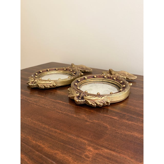 Vintage American Federal Gold Chalkware Eagle Bullseye Convex Mirrors, Pair For Sale - Image 4 of 10