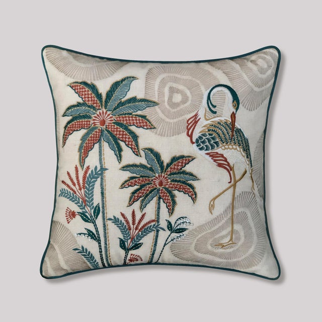 Chinoiserie Luxury 18x18 Hand-Embroidered Crane Cushion Cover- Textured French Knot Artisan Pillow - Chinoiserie & Japandi Home Decor, Living Room Decor For Sale - Image 3 of 3