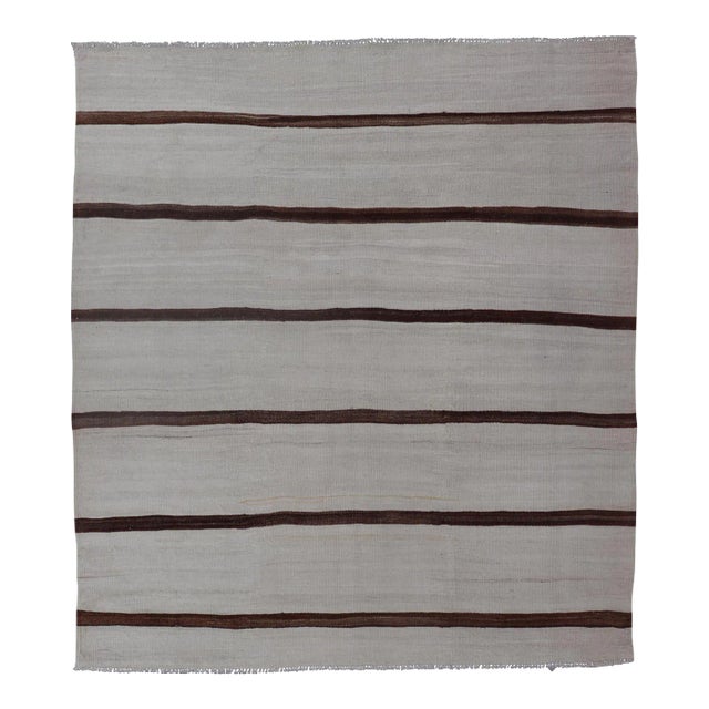 Mid 20th Century Turkish Vintage Kilim in Shades of Brown and Ivory With Stripe Design For Sale
