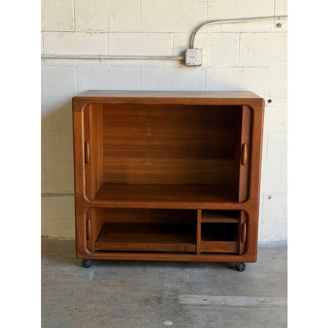 Mid-Century Modern In Style of Dyrlund Teak Tambour Door Rolling Cabinet Denmark Mid-Century Modern 1970s For Sale - Image 3 of 10