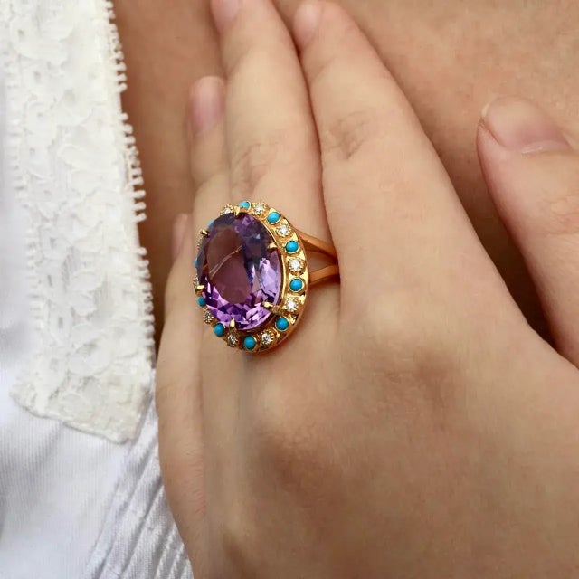 Metal Nina Zhou Amethyst Turquoise Diamond Vintage-Style Cocktail Ring in 14k Yellow Gold Ring, size 10 For Sale - Image 7 of 8