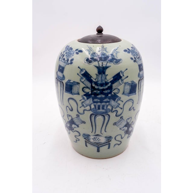 Asian Porcelain Blue & White Ginger Jar W/ Lid & Wood Base For Sale - Image 3 of 15