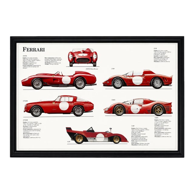 Vintage 1980s Framed Ferrari Sports Car Lithograph Print 12 X 18 In For Sale