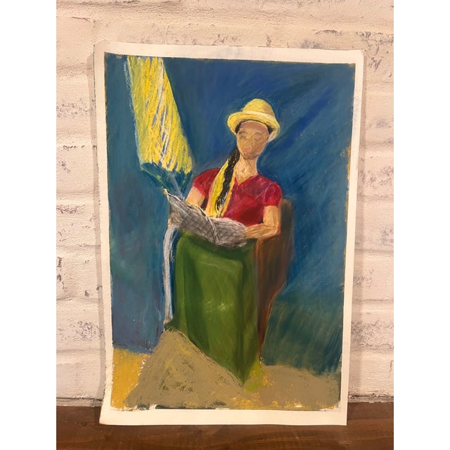 Striking original figurative painting depicting a woman seated and reading a newspaper, rendered in a rich, expressive...