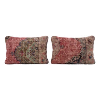 Turkish Oushak Lumbar Rug Pillow Cover 16'' X 24'' - Set of Two For Sale