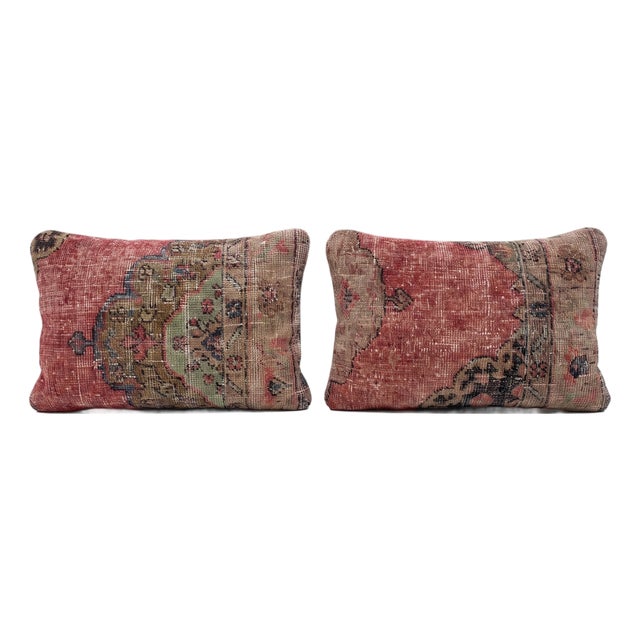 Turkish Oushak Lumbar Rug Pillow Cover 16'' X 24'' - Set of Two For Sale